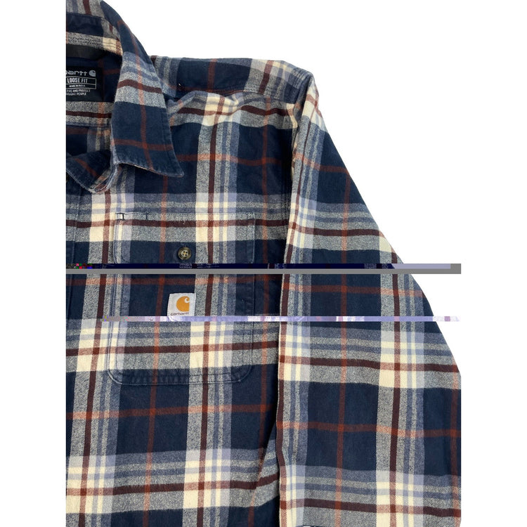 Mens Carhartt Navy Blue & White Plaid Loose Fit Button Up Shirt Size Large