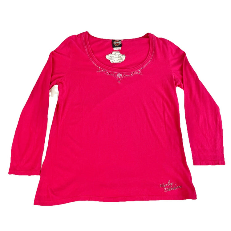 Womens Harley Davidson Motorcycle Pink Longsleeve Wideneck Shirt Size Xl
