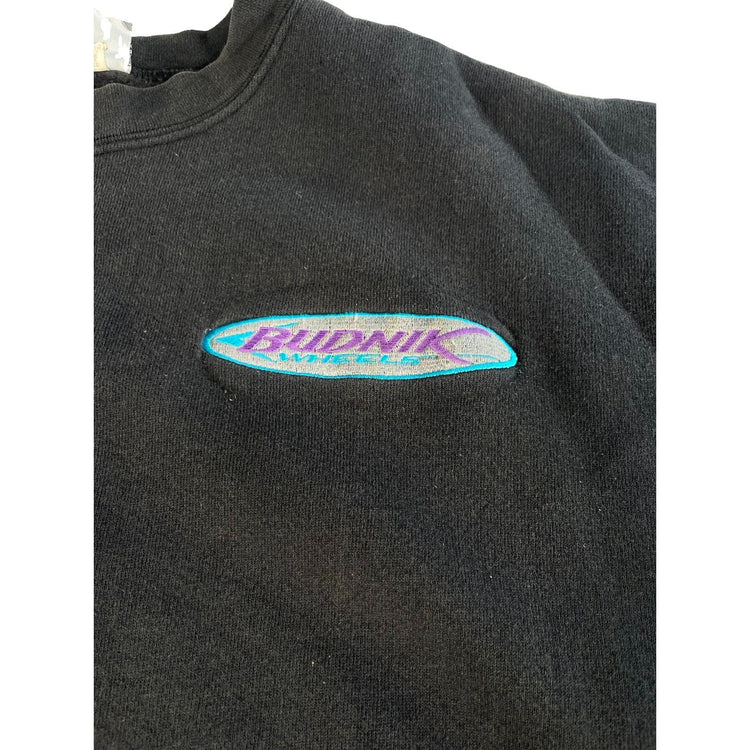 Mens Vintage 90s Lee Ultraweight Budnik Wheels Crewneck Sweatshirt Black Size XL