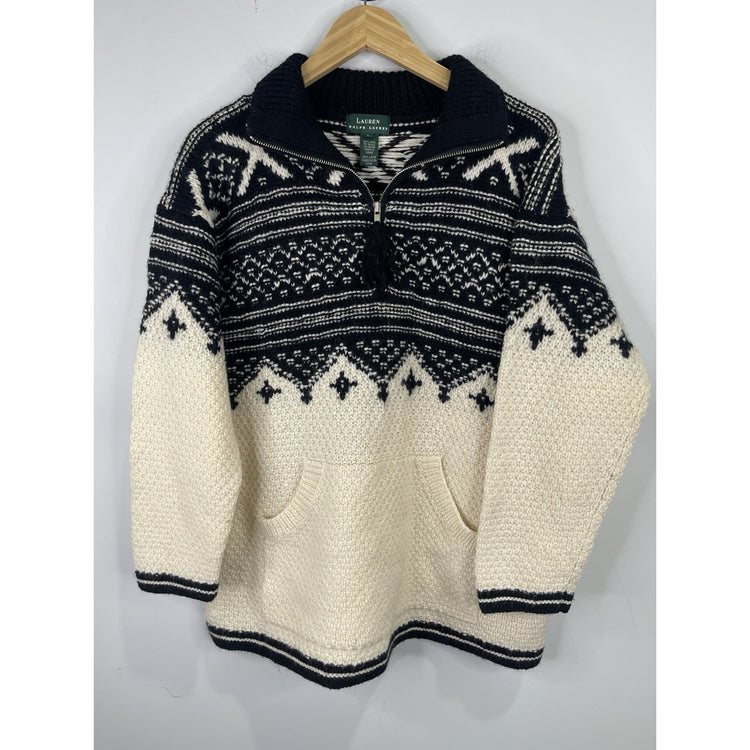 Ralph Lauren Fair Isles Wool 1/4 Zip Sweater Mens Large Black / Ivory