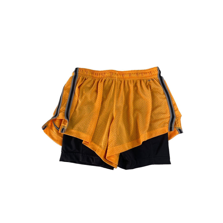 Nike Dri-FIT 2-in-1 Athletic Shorts, Orange Mesh Outer with Black Liner, Size S