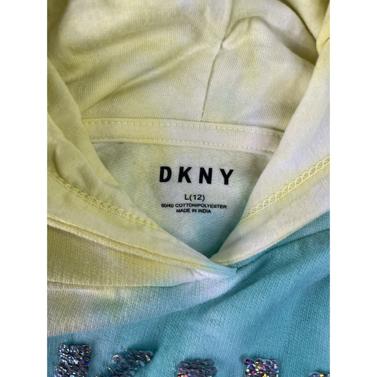 Girls DKNY NWT Pastel Tie Dye Sequin Logo Cropped Pullover Hoodie SIZE L 12