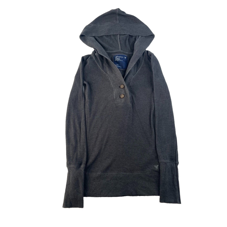 Womens Y2K American Eagle Gray Hooded Long Sleeve Shirt Size Small