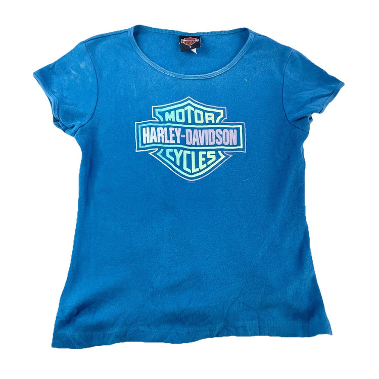Womens Harley Davidson Slim Fit Blue Wide-Neck Tee Size M