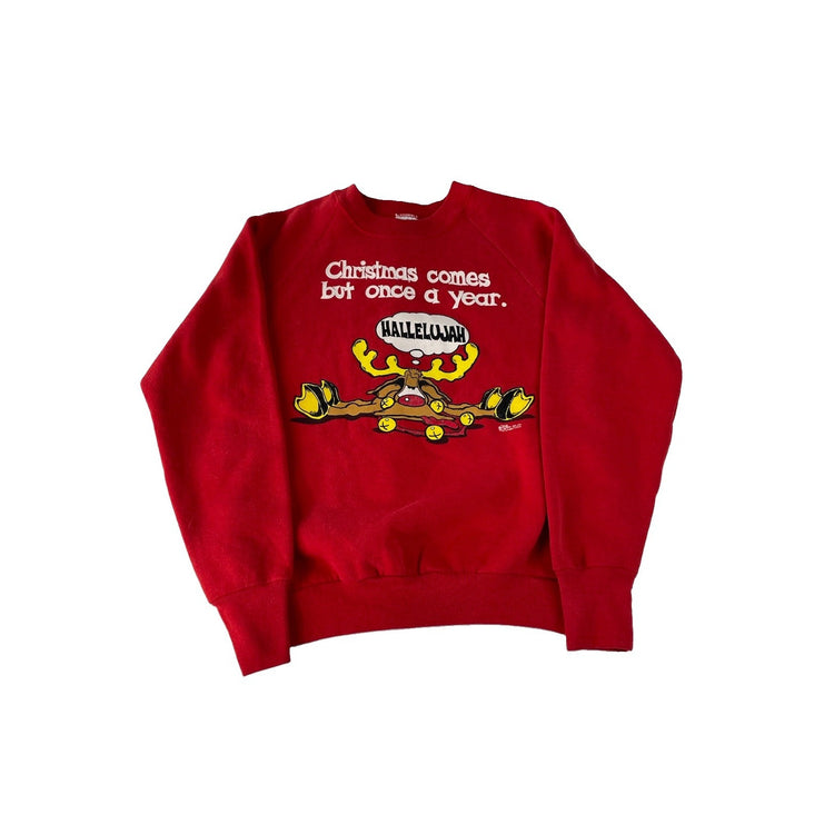 Mens Vintage Fruit of the Loom Red Christmas Reindeer Graphic Sweatshirt Size M