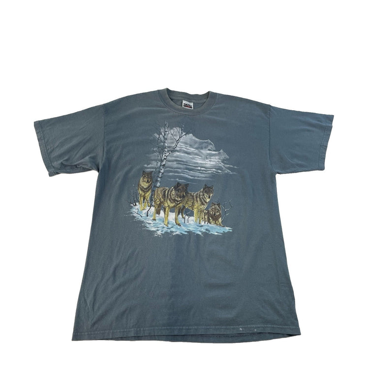 Mens Wolf Pack Graphic T-Shirt Blue Wildlife Nature Tee Tultex Cotton Size Xl