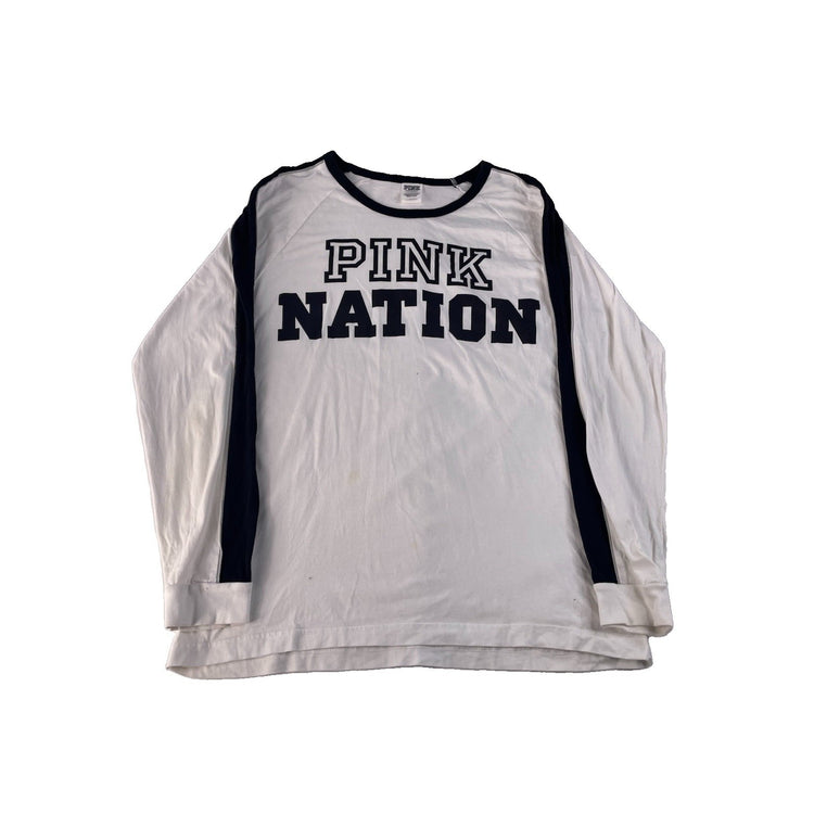 Womens Victorias Secret Pink Nation White Black Logo LongSleeve Shirt Size L
