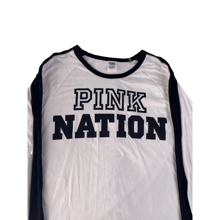 Womens Victorias Secret Pink Nation White Black Logo LongSleeve Shirt Size L