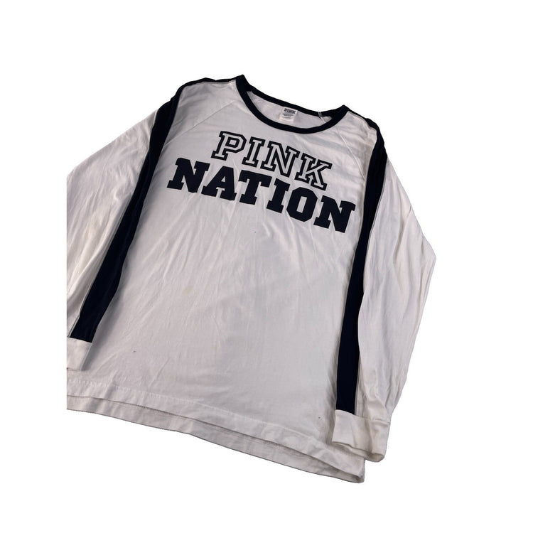 Womens Victorias Secret Pink Nation White Black Logo LongSleeve Shirt Size L