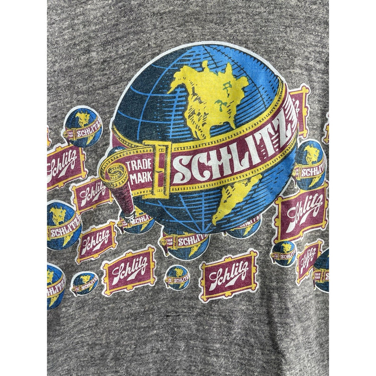 Adult Vintage Gray Schlitz Global Trademark Short Sleeve Graphic T Shirt Sz S