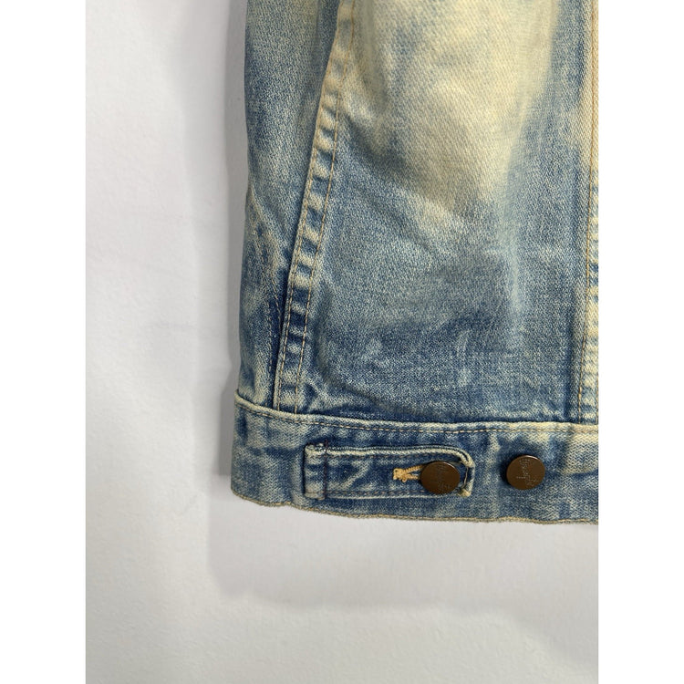Men’s Wrangler Bleached Denim Vest Blue Slim Sleeveless Distressed Jacket Sz 40