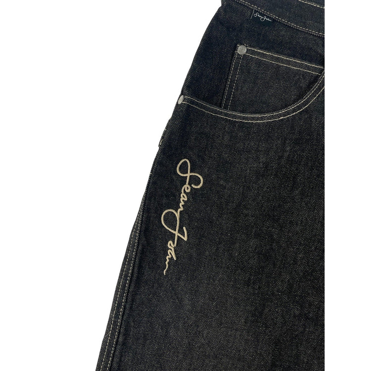Mens Vintage Sean John Dark Black Contrast Stitch Baggy Carpenter Jeans SIZE 34