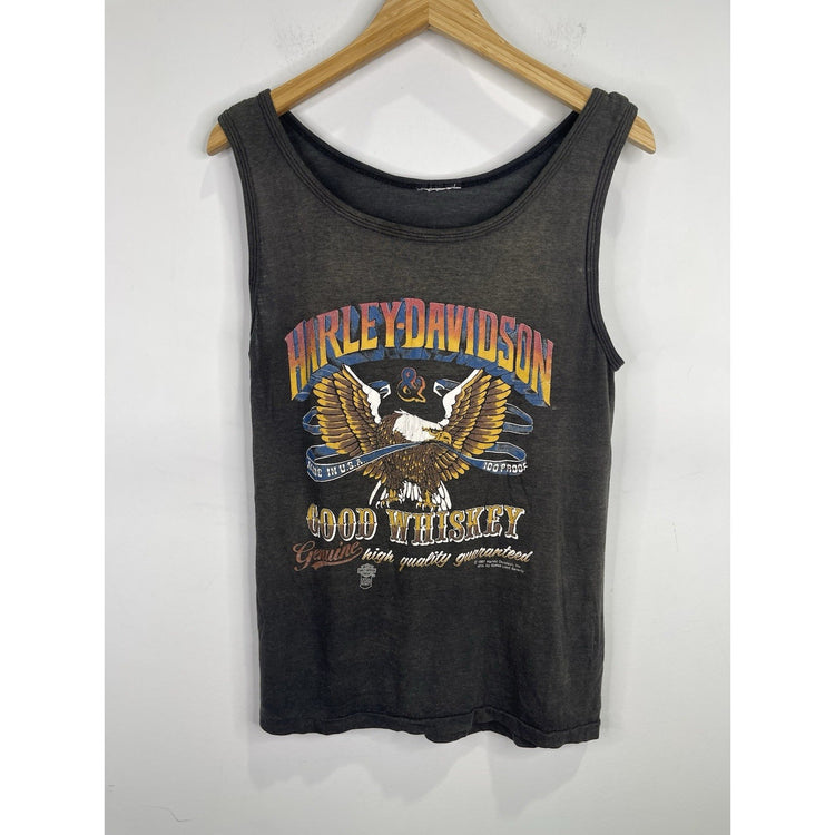 Mens Gray Vintage 80s Harley Davidson Motorcycle USA Whiskey Eagle Tank Top Sz M