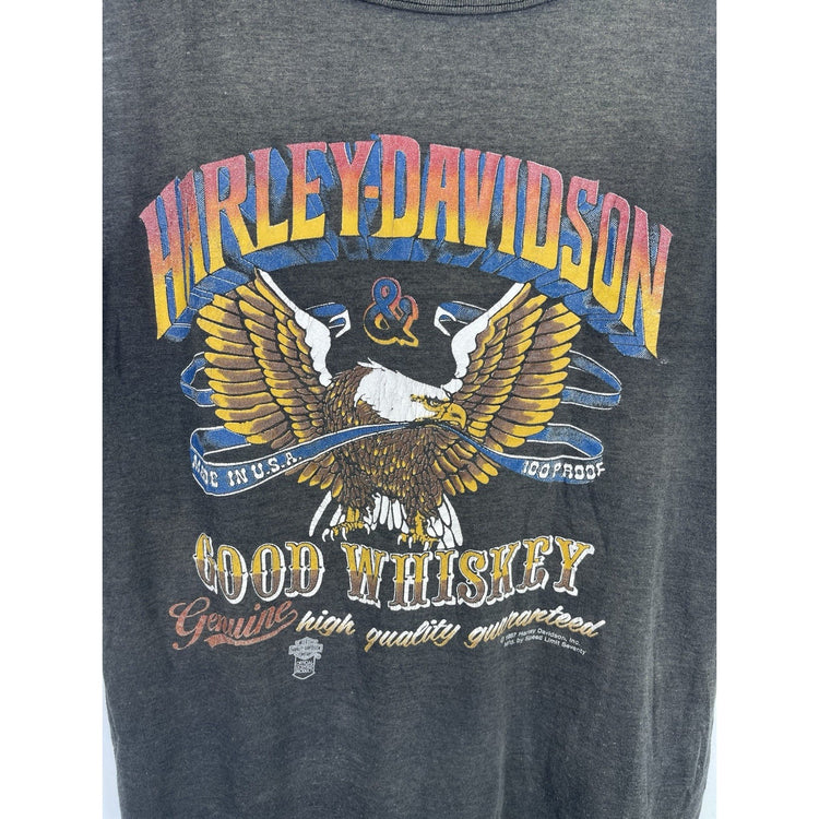 Mens Gray Vintage 80s Harley Davidson Motorcycle USA Whiskey Eagle Tank Top Sz M
