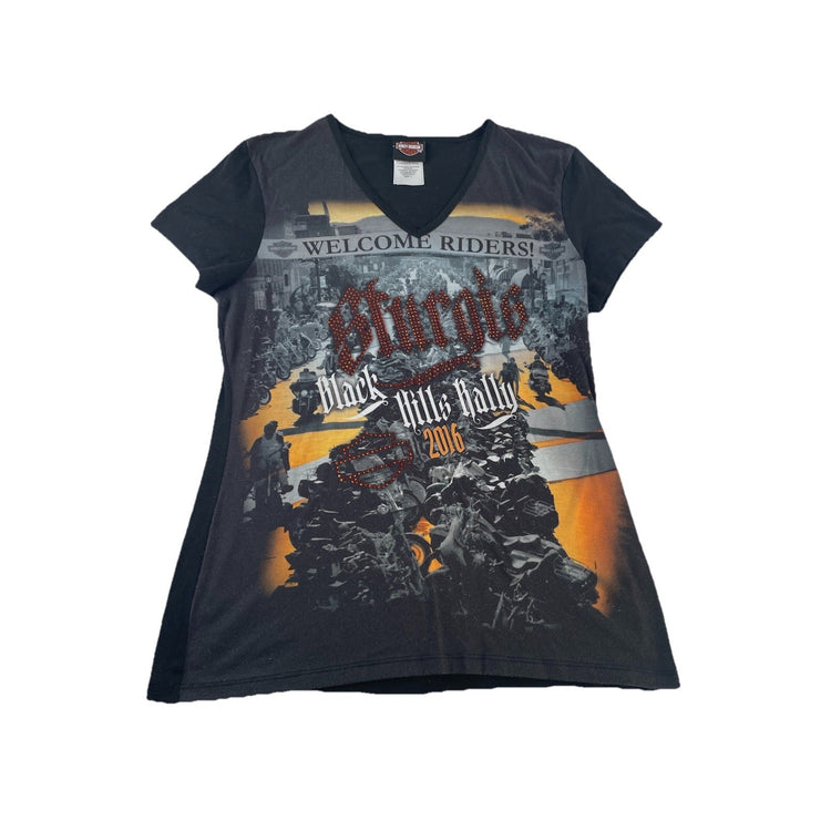 Womens Harley Davidson Basic Black V-Neck Graphic Tee Size L