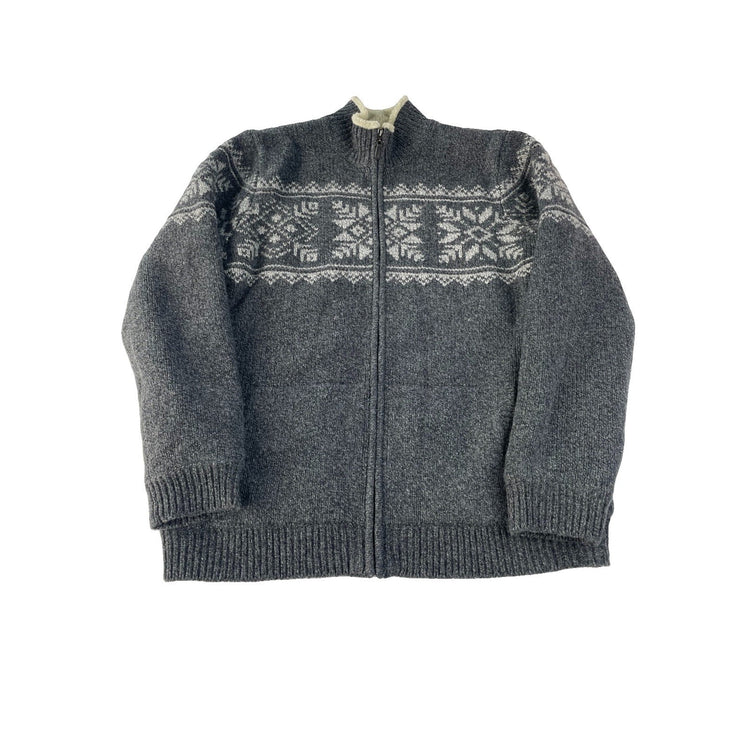 Mens L.L. Bean Gray 100% Lambswool Fleece Lined Nordic Fair Isle Sweater XL Tall