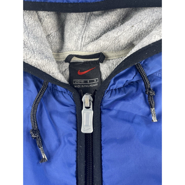 Boys Vintage Nike Hooded Quilt Fleece Lined Jacket Blue Size L (12-14)