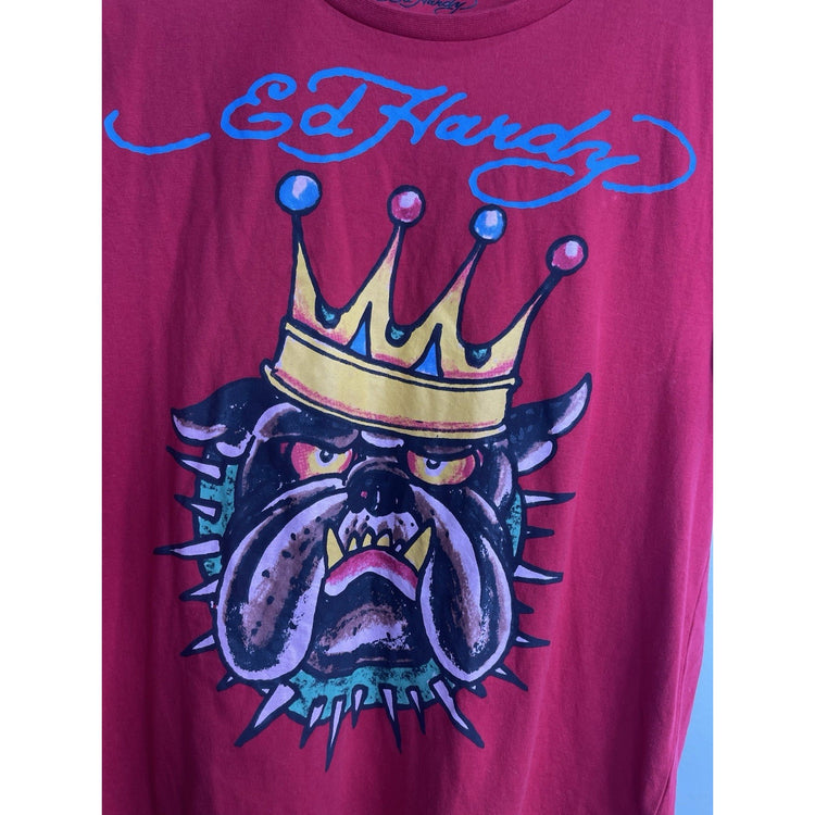 Ed Hardy Crown Bulldog Cotton Poly Short Sleeves Red T-Shirt Men’s Size Large