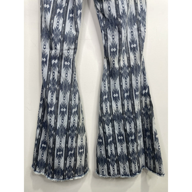 Rock & Roll Denim Bargain Button Bell Bottom Jeans 31x36 Aztec Print Flare Y2K