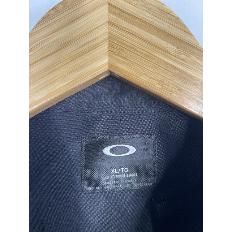 Men’s Workwear Navy Blue Slim Fit Oakley Button Up Short Sleeve Shirt Sz XL