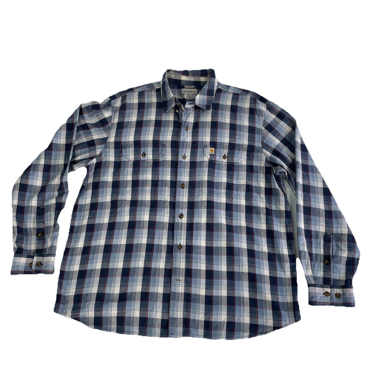 Mens Carhartt Relaxed Fit Blue & White Plaid Long Sleeve Button Down Size 2XL