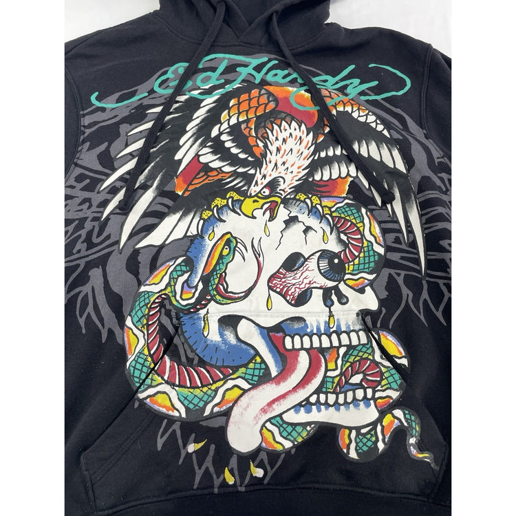 Unisex Ed Hardy Graphic Black Hoodie Size S
