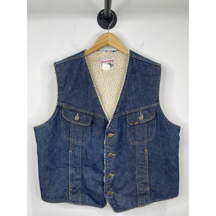 Vintage 70s lee storm rider denim vest sherpa lined dark wash Union made XL