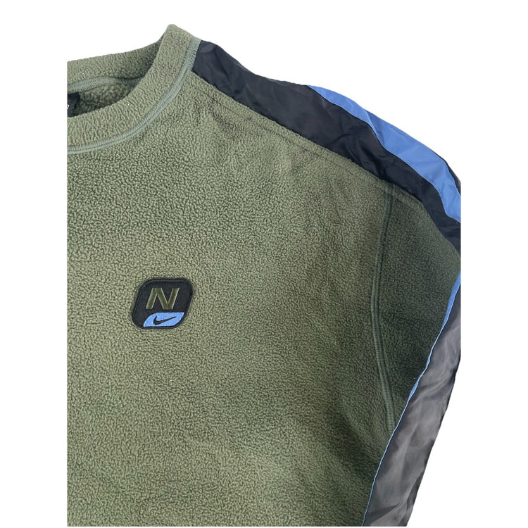 Men’s Vintage Y2K Nike Fleece Crewneck Sweatshirt Olive Green Blue Stripe Size M