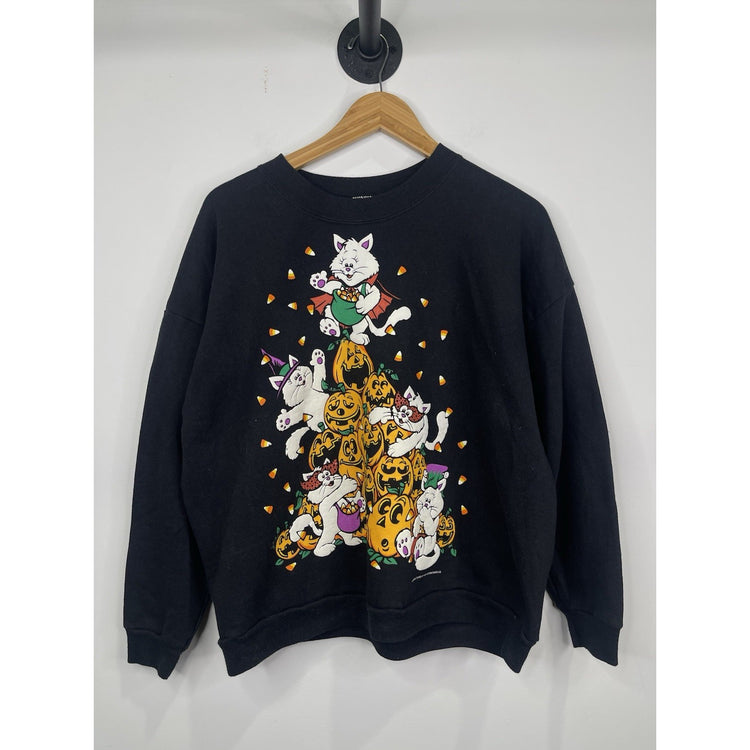 Vintage 90s Sun Sportswear Halloween Sweatshirt Black with Cats, Pumpkins, & Candy Corn Size XL