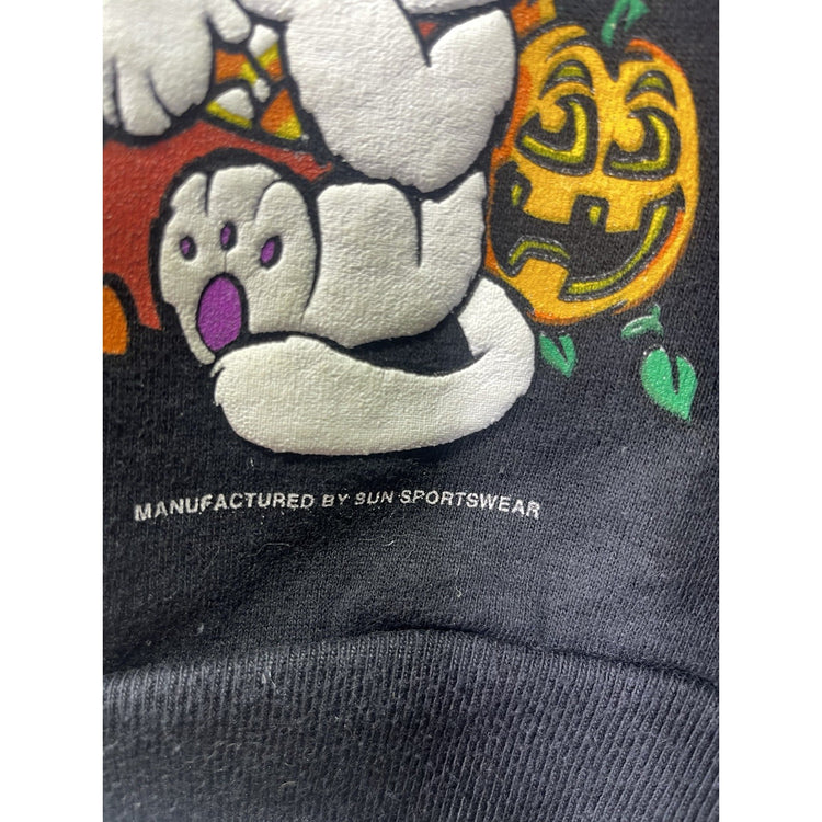 Vintage 90s Sun Sportswear Halloween Sweatshirt Black with Cats, Pumpkins, & Candy Corn Size XL