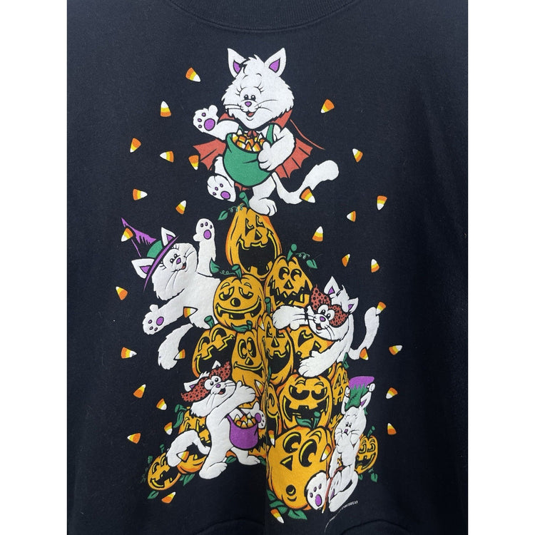 Vintage 90s Sun Sportswear Halloween Sweatshirt Black with Cats, Pumpkins, & Candy Corn Size XL