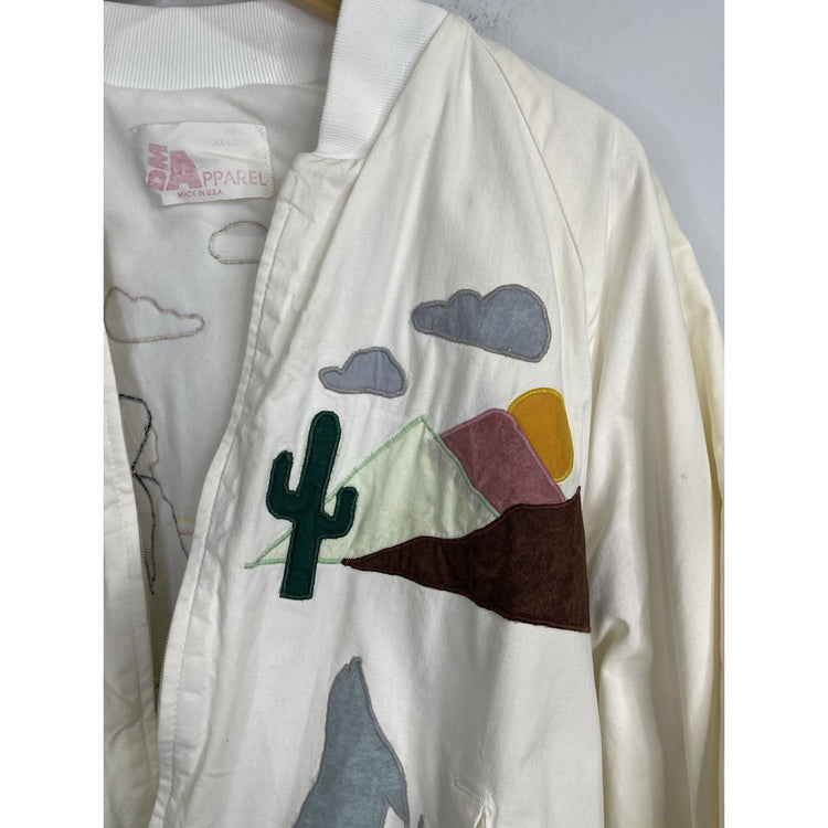Men’s Vintage DM Apparel White Desert Village Patchwork Bomber Jacket Sz 2XL