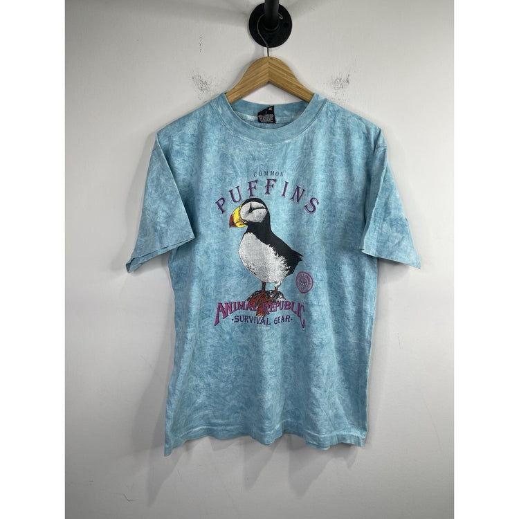 Men’s Vintage 90s Blue Tie-Dye Common Puffins Animal Republic Graphic Tee Sz L
