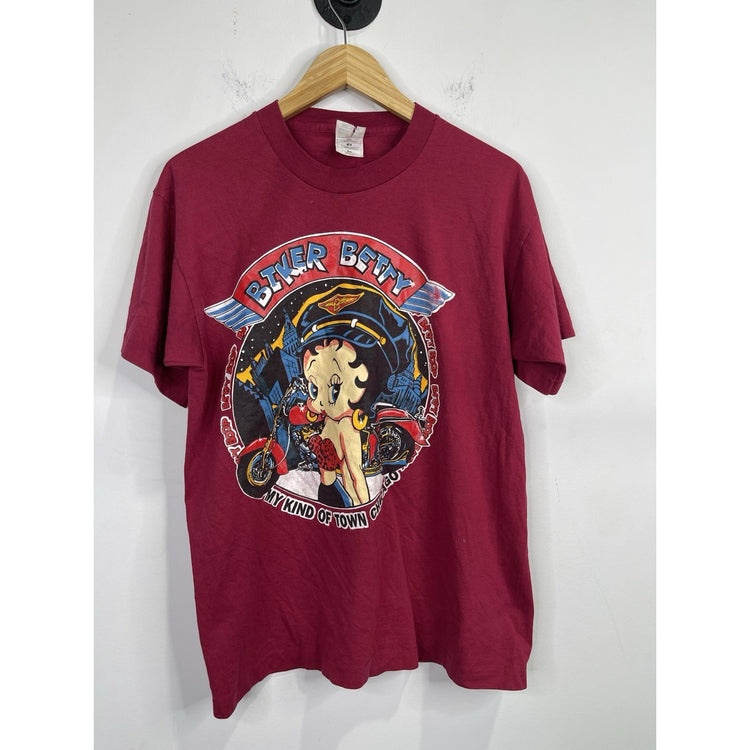 Vintage Adults Biker Betty ‘My Kind Of Town Chicago’ Graphic Maroon T Shirt Sz L