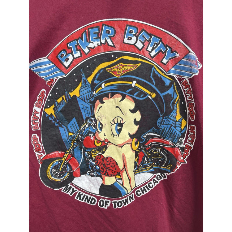 Vintage Adults Biker Betty ‘My Kind Of Town Chicago’ Graphic Maroon T Shirt Sz L