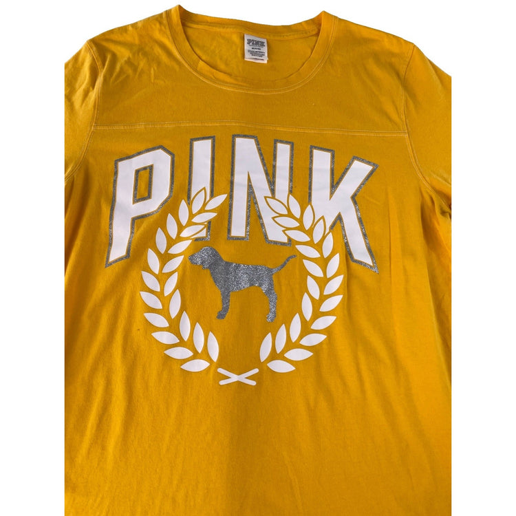 Womens PINK Victoria Secret Yellow Basic T-shirt Big Logo Size M