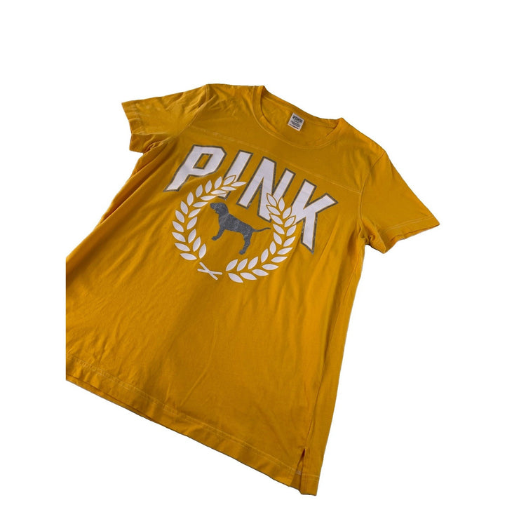 Womens PINK Victoria Secret Yellow Basic T-shirt Big Logo Size M