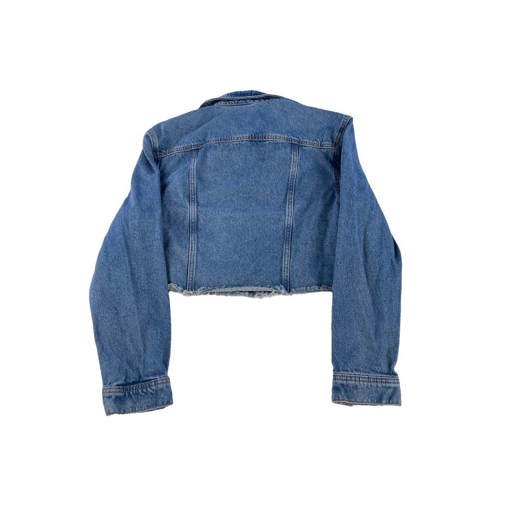 Womens PINK Victoria Secret Cropped Medium Wash Raw Hem Denim Jacket Size XS