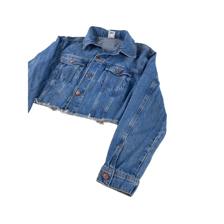 Womens PINK Victoria Secret Cropped Medium Wash Raw Hem Denim Jacket Size XS