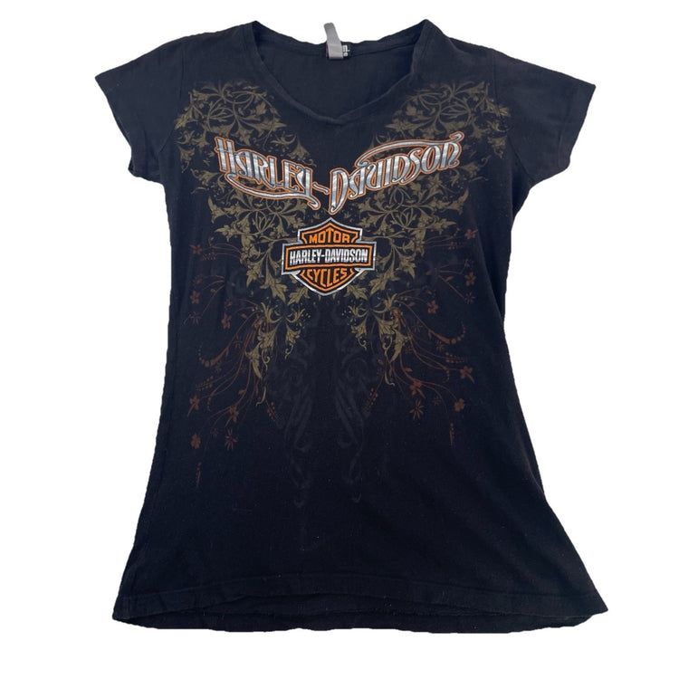 Womens Harley Davidson Motorcycle Slim Fit Black Graphic Tee Size L
