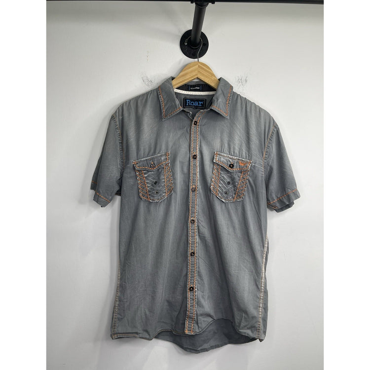 Men’s Roar Button Down Gray Signature Embroidered Distressed Tactfull Shirt Sz M