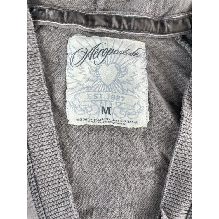 Womens Y2K Aeropostale Gray V Neck Hooded Sweater Size Medium