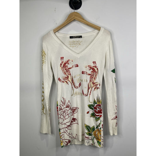 Y2K Vintage Women’s Rhinestone Ed Hardy Long Sleeve Shirt Sz Medium