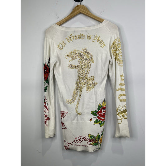 Y2K Vintage Women’s Rhinestone Ed Hardy Long Sleeve Shirt Sz Medium