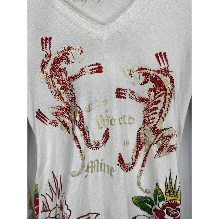 Y2K Vintage Women’s Rhinestone Ed Hardy Long Sleeve Shirt Sz Medium