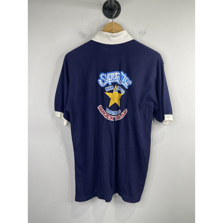 Adult Navy Blue Collared ‘Super Star Bar & Disco’ Thailand Shirt Sz L