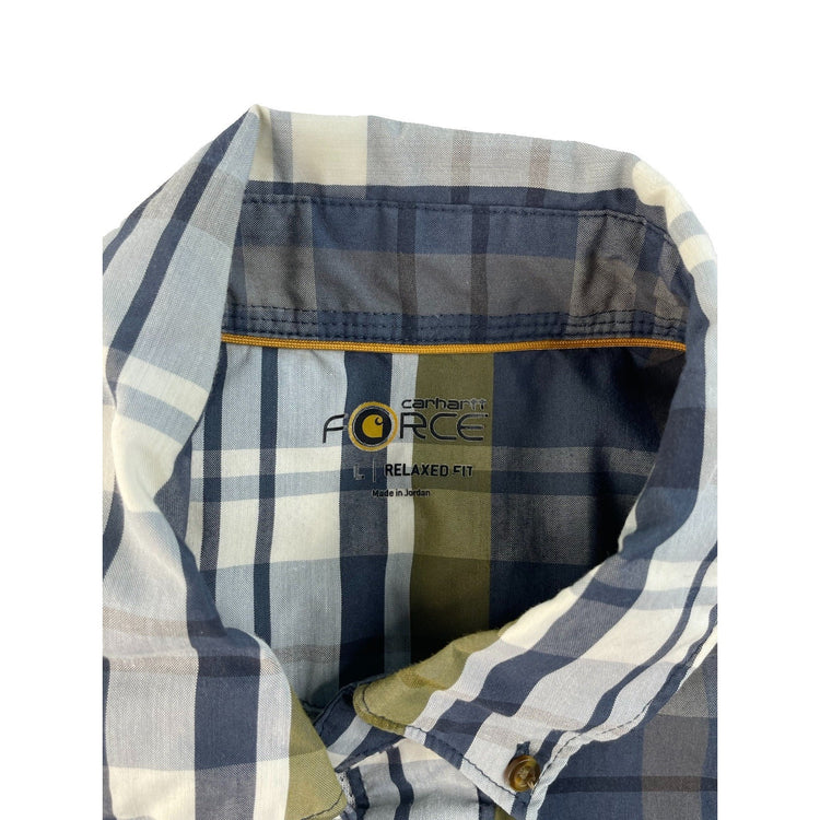 Men's Carhartt Blue Green Plaid Force Relaxed Fit Button Up Shirt Size L