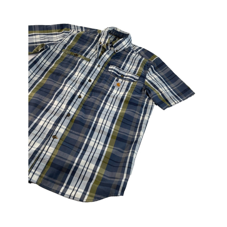 Men's Carhartt Blue Green Plaid Force Relaxed Fit Button Up Shirt Size L