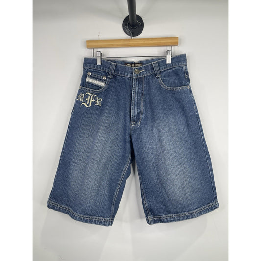 Men’s Y2K Mi Raza Fiel Blue Wash Jorts With Fully Embroidered Back Design 32x13