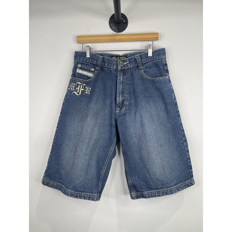 Men’s Y2K Mi Raza Fiel Blue Wash Jorts With Fully Embroidered Back Design 32x13